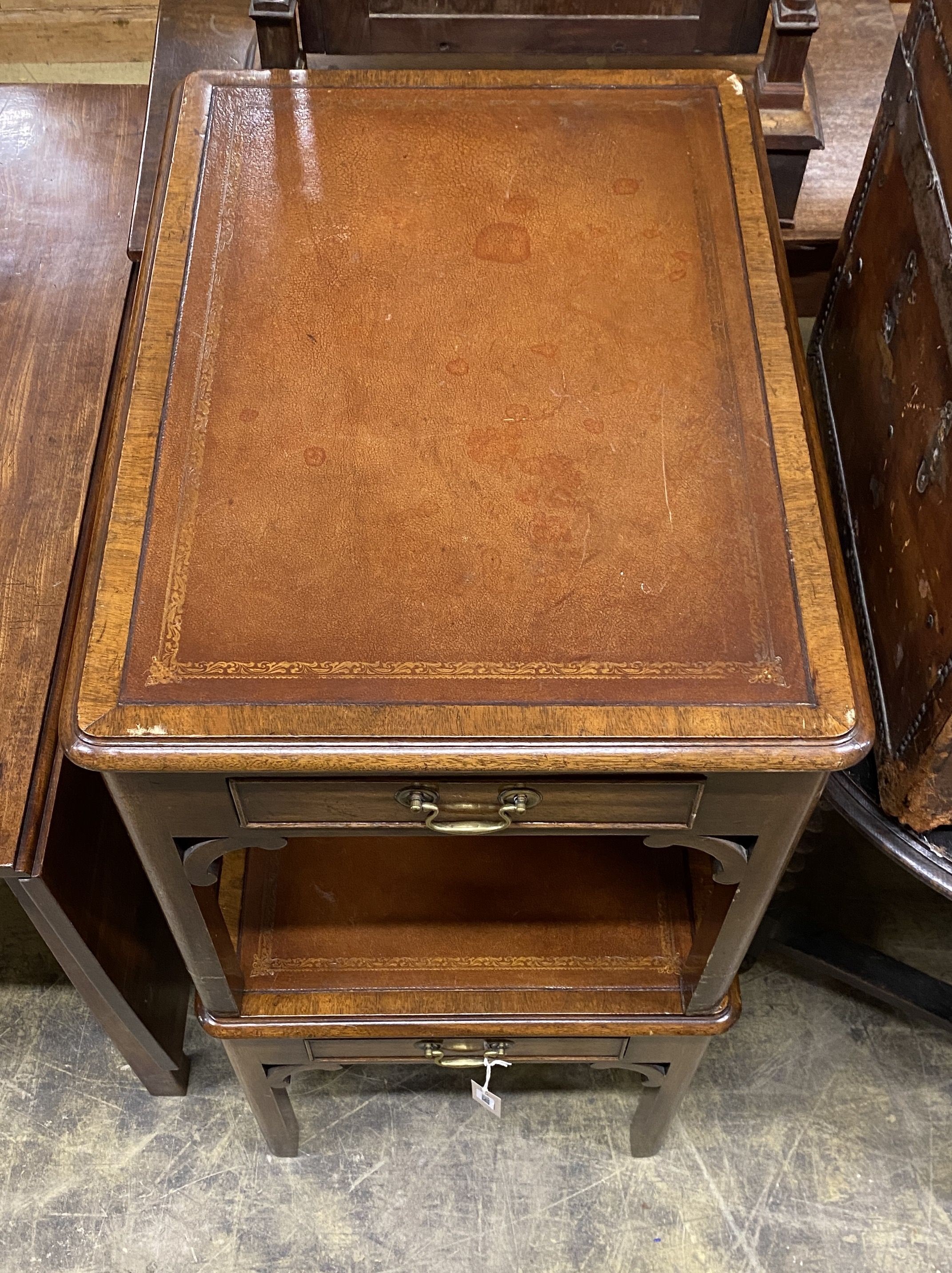 A pair of George III style mahogany rectangular occasional tables with leather inset tops, width 50cm, depth 69cm, height 49cm
